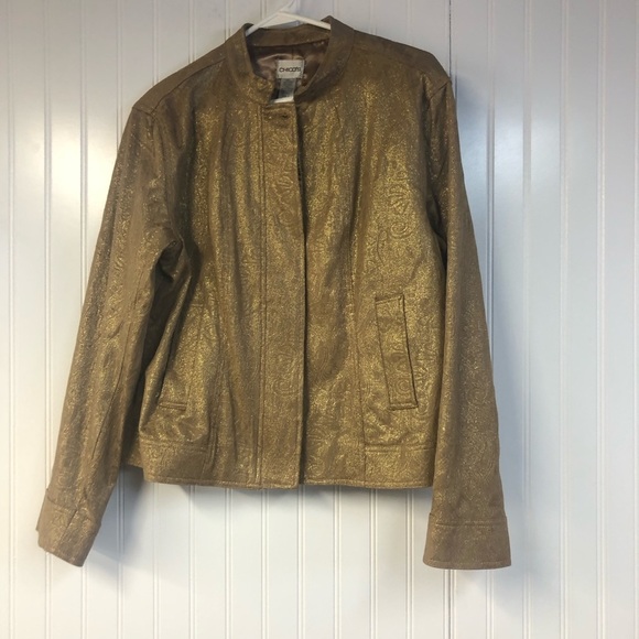 Chico's Brown Gold Embellished Blazer Jacket Button Closure Size 2 Large - Picture 1 of 6